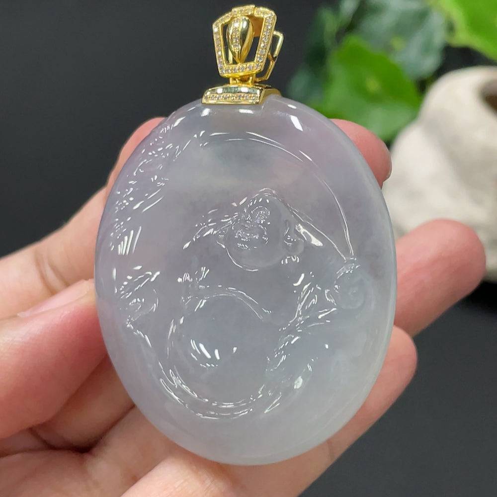 Jadeite Buddha pendant with 18K gold clasp and diamond accents, weighing approximately 34.4g, from HUILIU HQ.