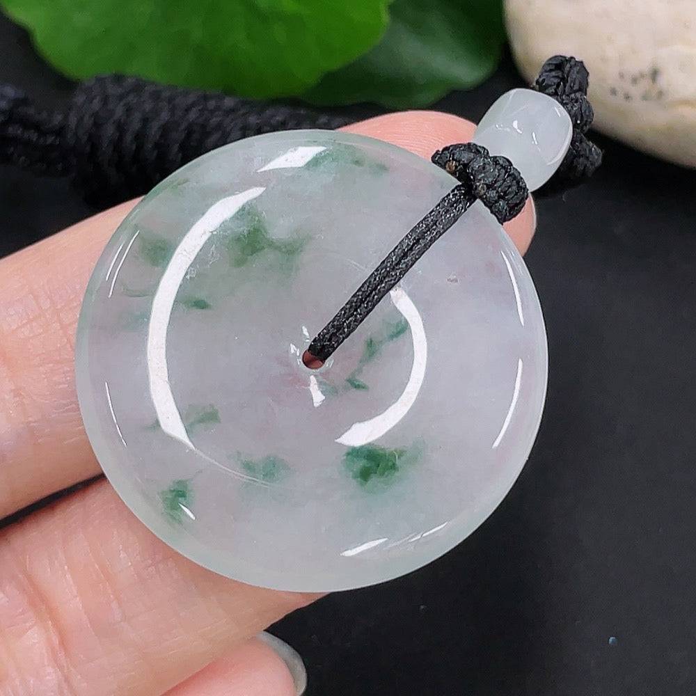 Jadeite Peace Knot pendant with rope, crafted from jade, weighing approximately 13.4g, by HUILIU HQ, displayed against a neutral background.