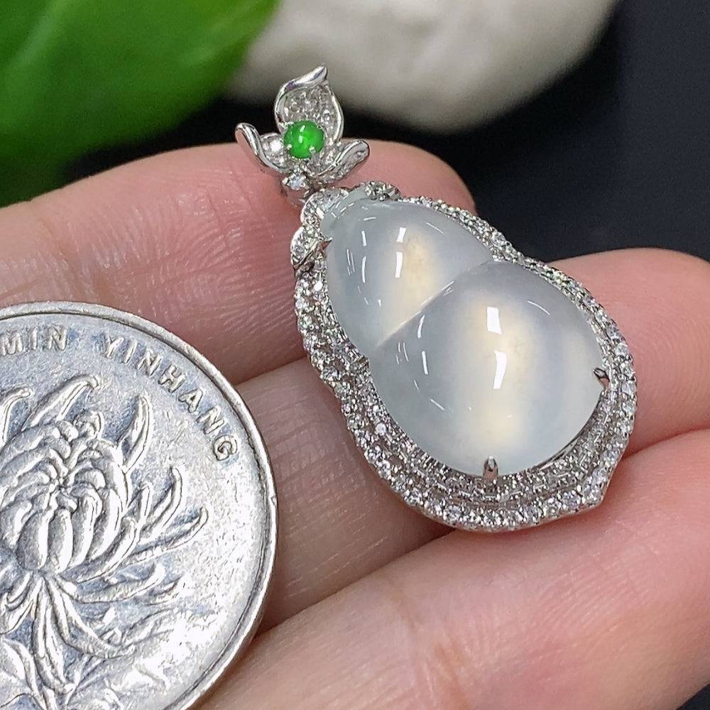 Huiliu Jadeite gourd pendant with diamond accents, certified jade jewelry featuring a smooth, polished green jade pendant.