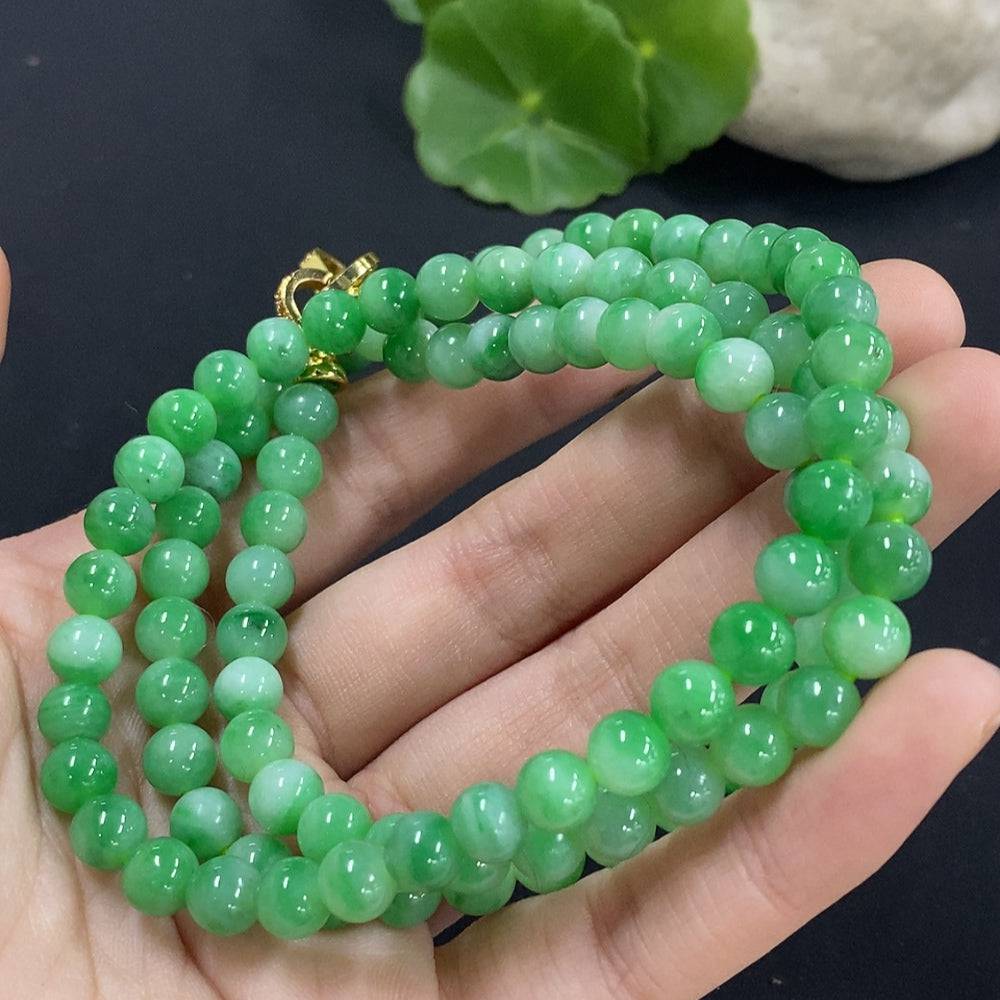 HUILIU HQ jadeite bead necklace with 6.5mm green jade beads, weighing about 51g, featuring natural mineral components.