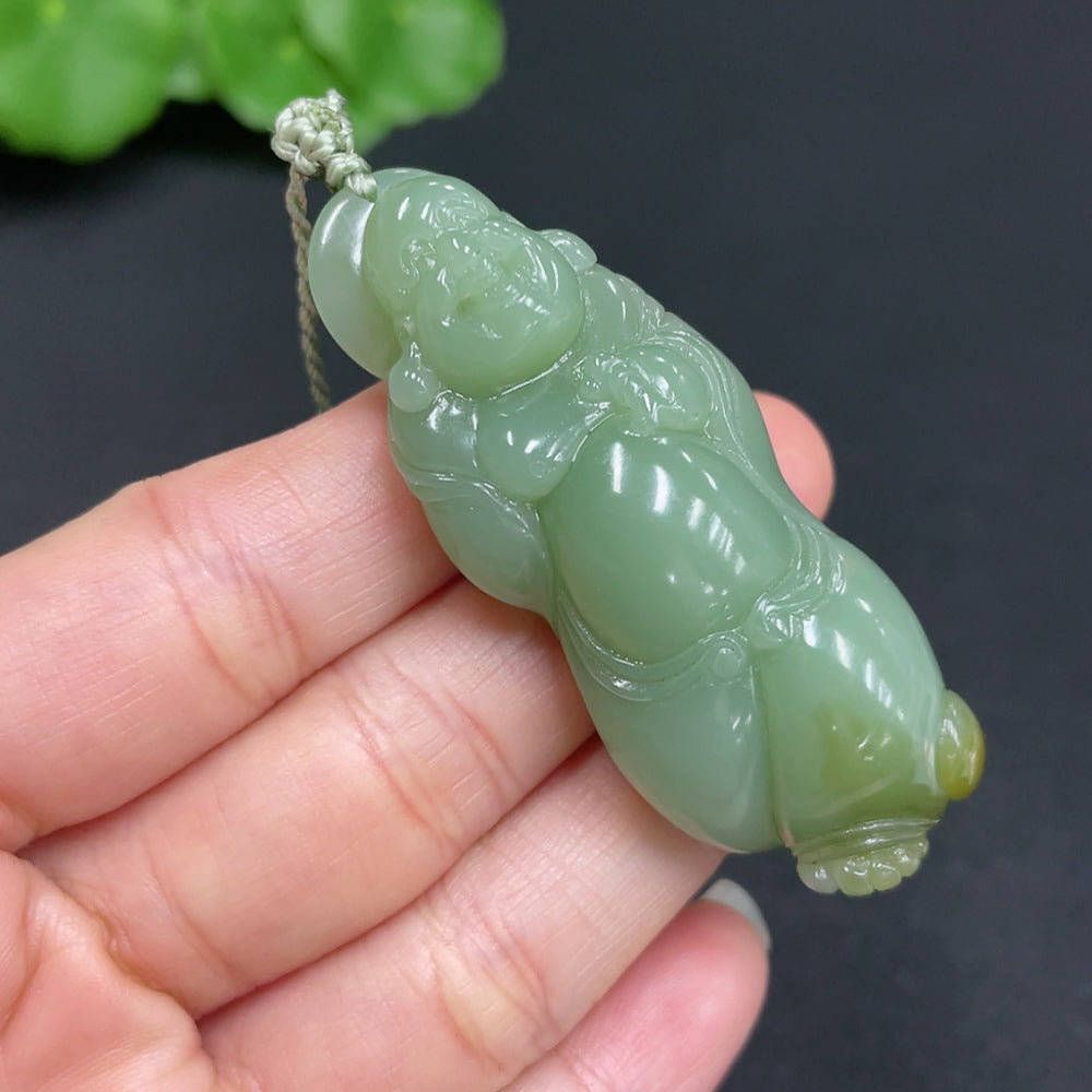 Huiliu Hetian Jade Jasper Buddha pendant with matching jade beads on rope, certified by Huiliu HQ, natural stone jewelry piece