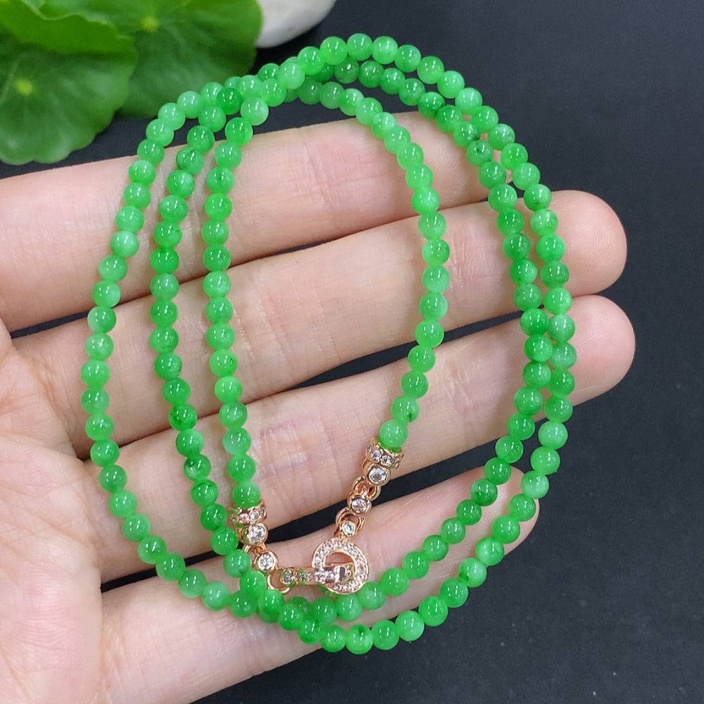 HUILIU HQ jadeite bead necklace with 3.3mm jade beads, non-gold, total weight 12.5g, featuring smooth, polished jade jewelry.