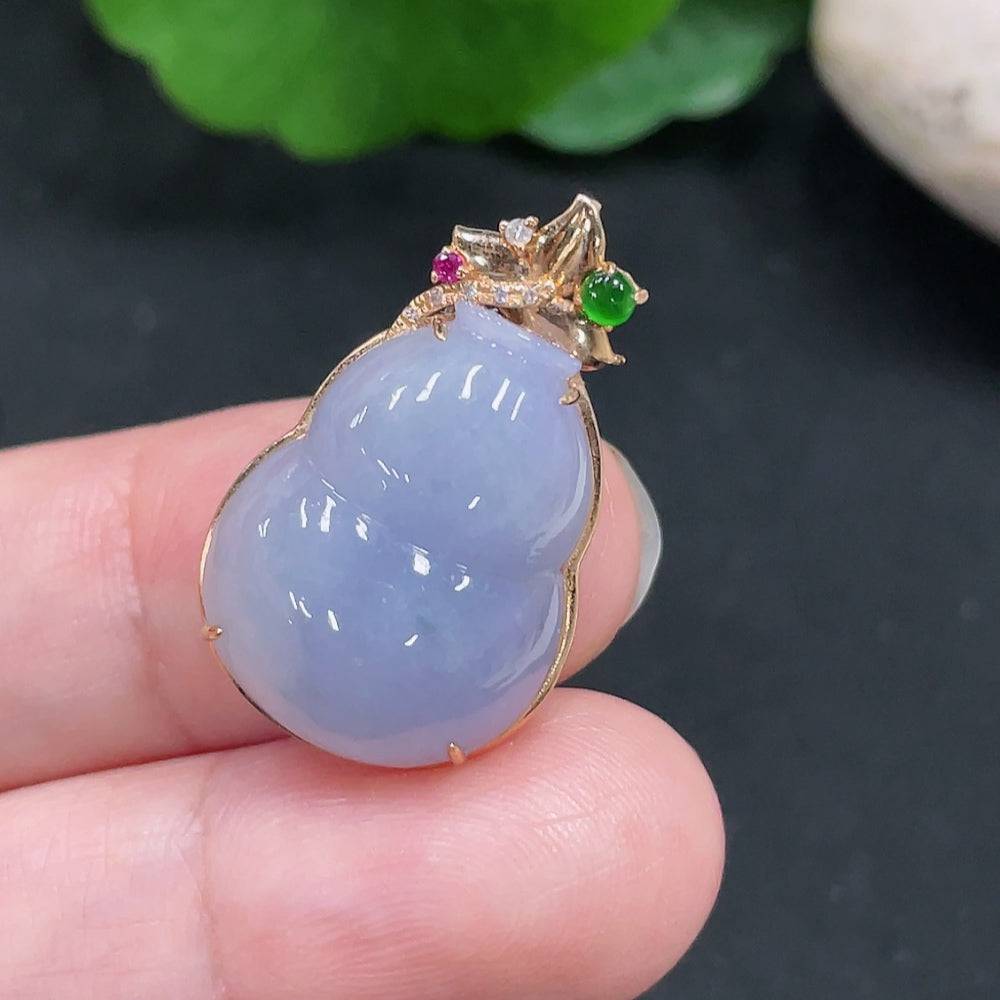 Huiliu Jadeite Gourd Pendant with inlaid design, crafted from high-quality green jade, featuring intricate inlay details.
