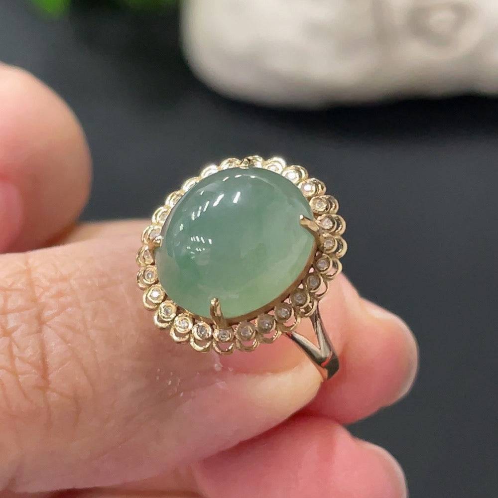 Huiliu Jadeite cabochon ring setting with diamond accents, showcasing a polished jade gemstone in an elegant silver band.