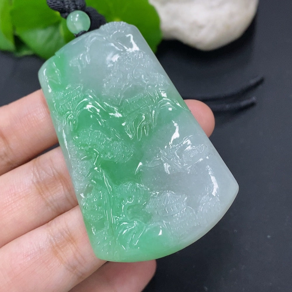 Jadeite pendant featuring a landscape plaque with a cord, weighing approximately 36.4g, crafted by HKHQ.
