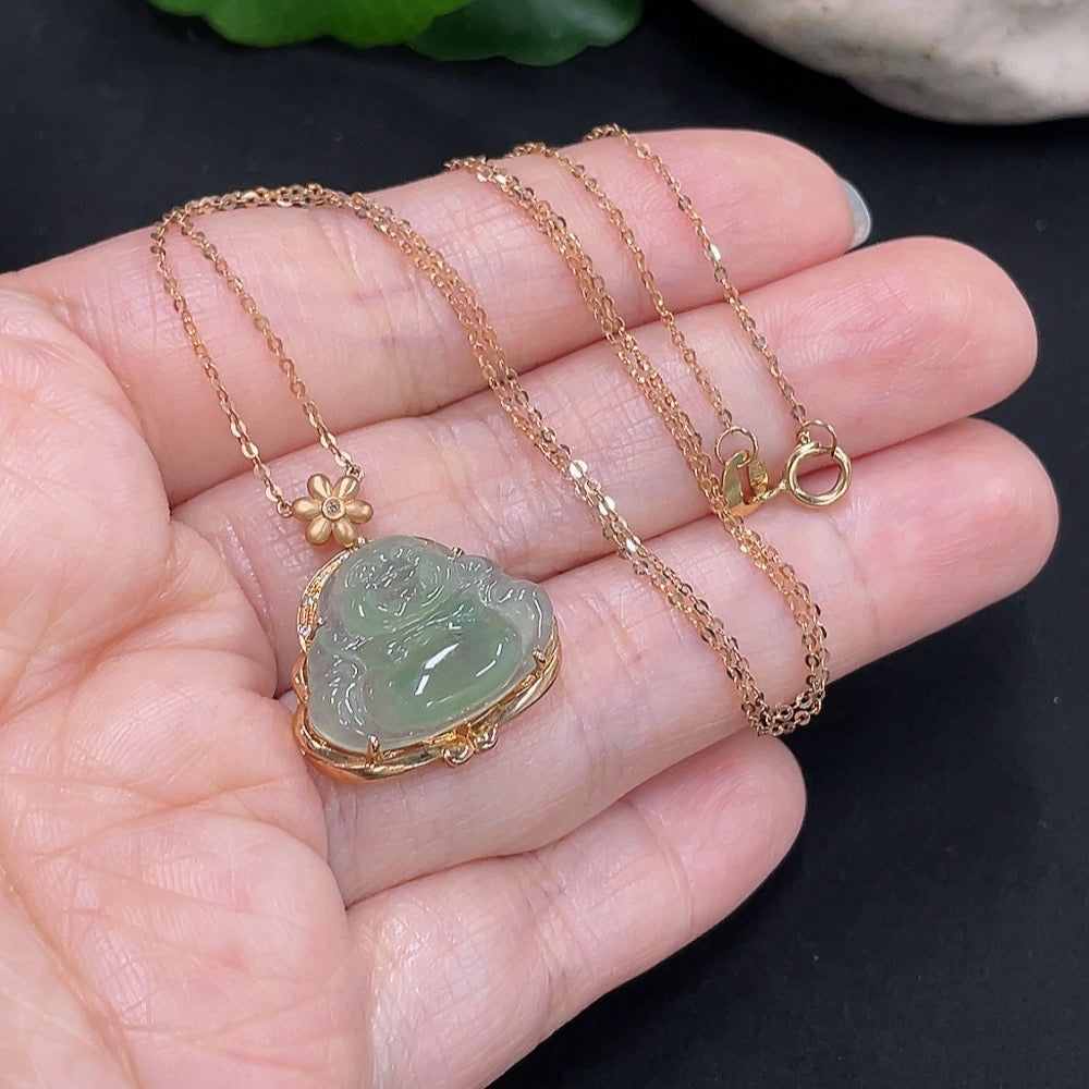 Jadeite Buddha Pendant 18K Gold Total Weight Approx. 3g with Diamond Accent Single Non-Diamond Stone Including Chain