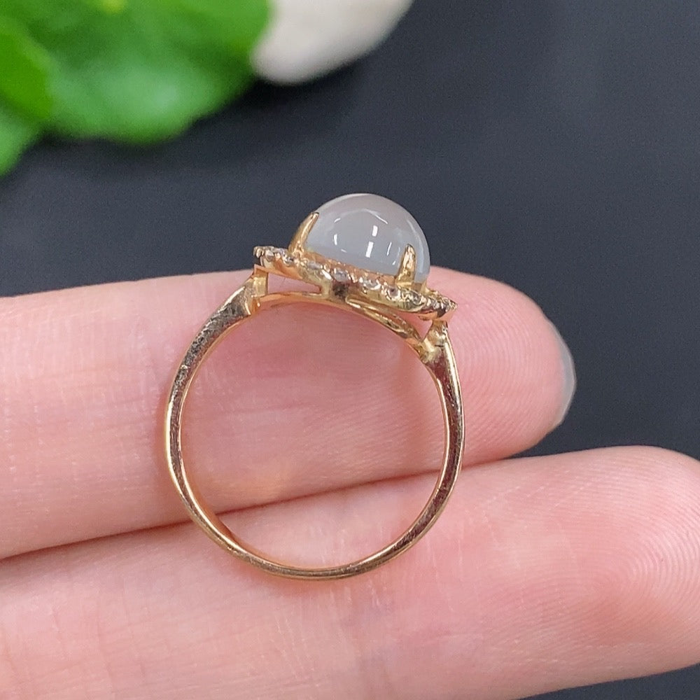 Jadeite Cabochon Ring 18k Gold Total Weight Approx. 2.8g Size 10 with Diamond Accents