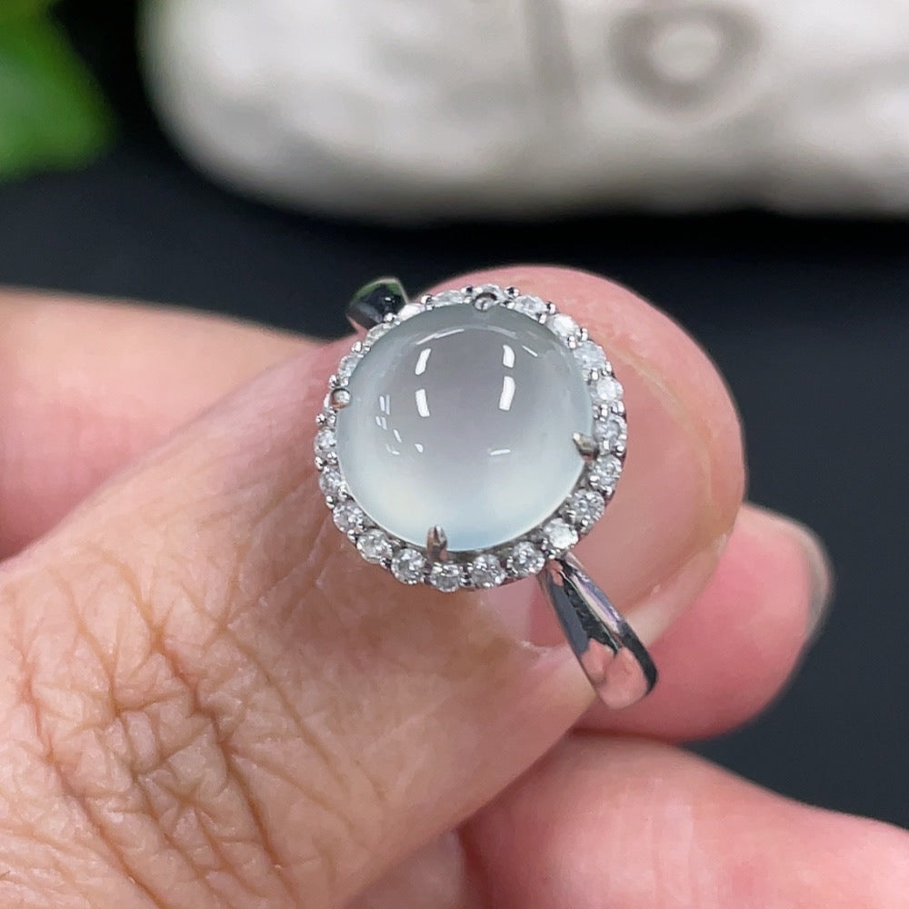 Jadeite Cabochon Inlaid Ring Setting . with Diamond Accents | Huiliu Certified