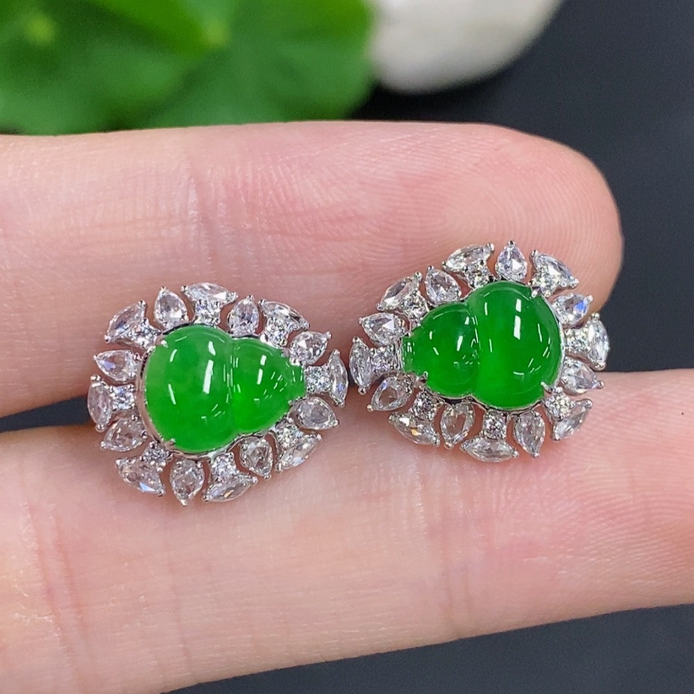 Jadeite gourd earrings by HKHQ with 18K gold and diamond accents, showcasing intricate craftsmanship and elegant jewelry design.