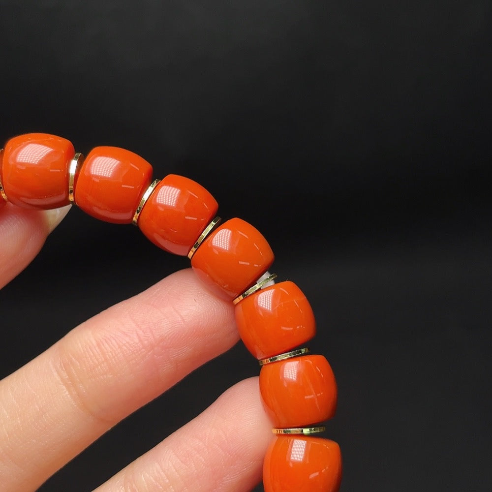 Red Agate gemstone bracelet with organic inclusions, 10mm beads, non-gold, weighing about 37.6g, by HUILIU HQ.