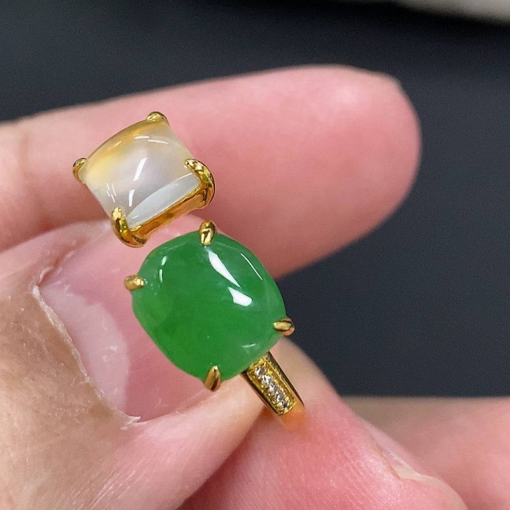 Jadeite inlaid ring with 18k gold and diamond accents, size 13, from HUILIU HQ, showing intricate jade and gold design.