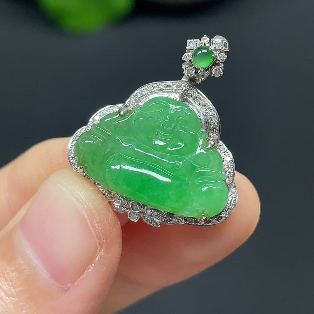 Jadeite Buddha pendant necklace with 18K gold accents and diamond details, featuring a polished Buddha figure on a delicate chain.