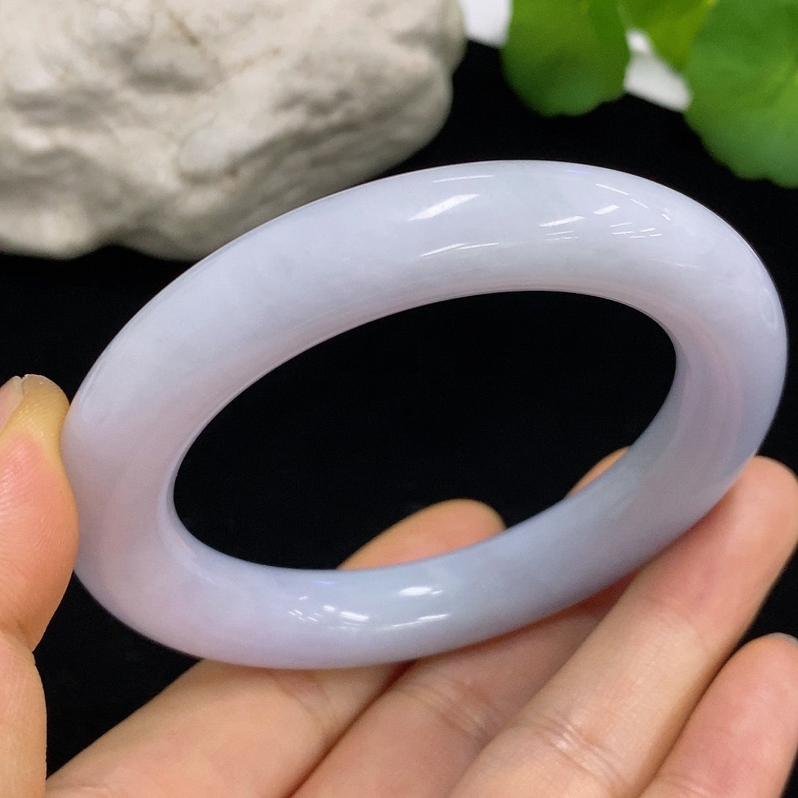 HKHQ jadeite round bangle, size 54.5, 71.4g, smooth green jade bracelet on white background
