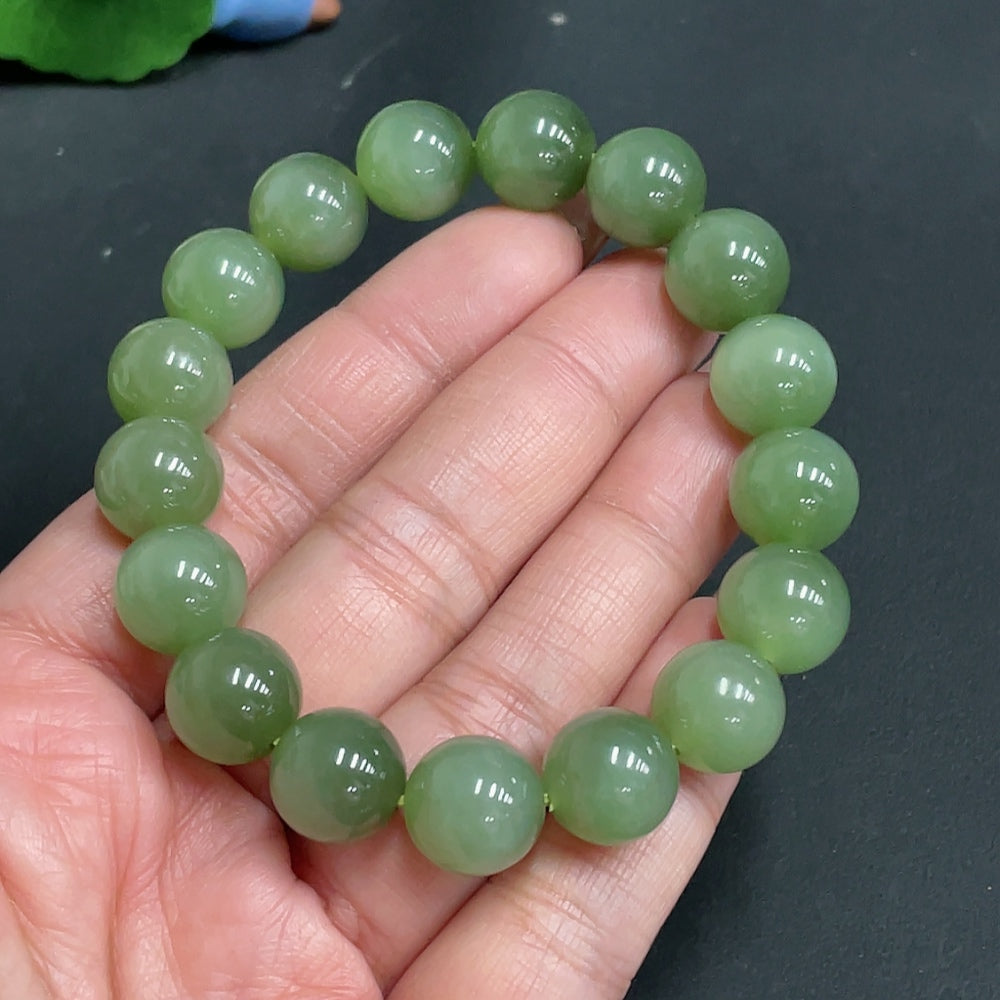 Hetian Jade Bracelet . 11.9mm Beads . | Huiliu Certified