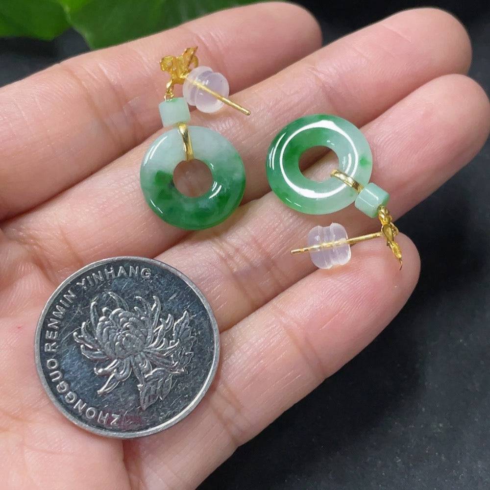 HUILIU HQ jadeite earrings with 18k gold and diamond accents, showcasing elegant green jade stones and intricate design.