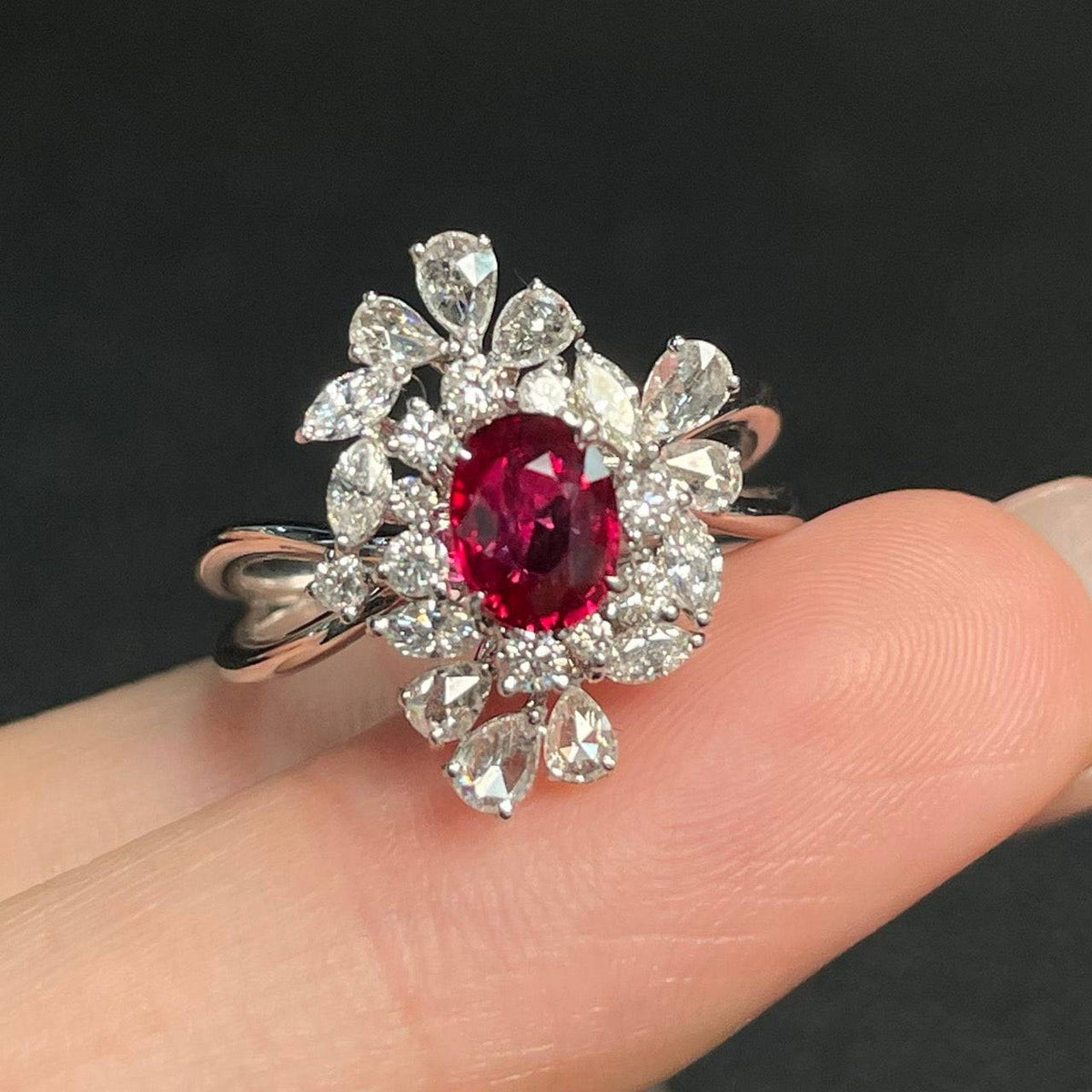 HUILIU HQ ruby ring set in 18K gold with diamond accents, size 14, featuring a vivid pigeon blood red gemstone.