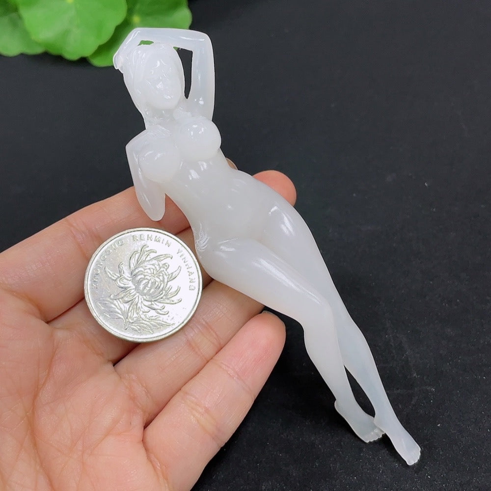 Hetian Jade pendant necklace by HKHQ featuring a beautiful, intricately carved national beauty and heavenly fragrance design.