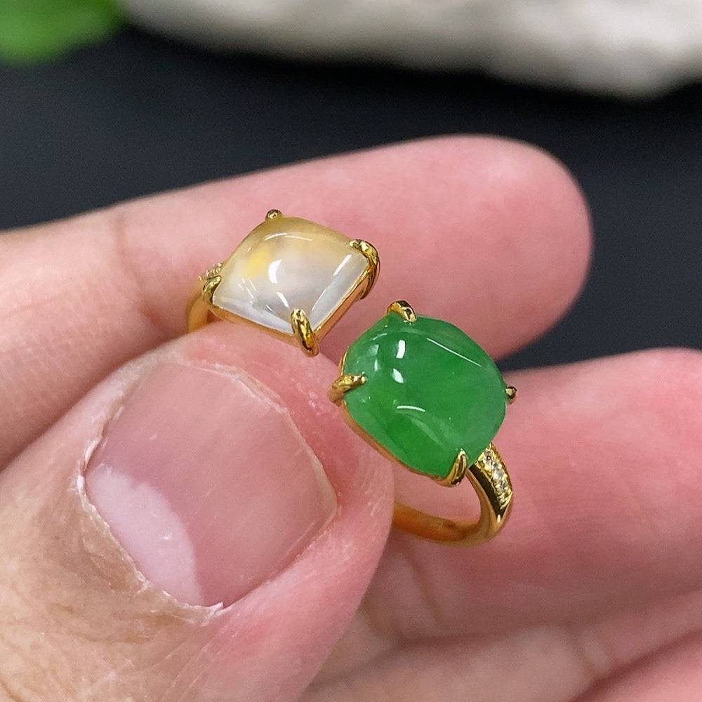 Jadeite inlaid ring by HUILIU HQ featuring 18k gold, diamond accents, size 13, with a detailed view of the ring's design.