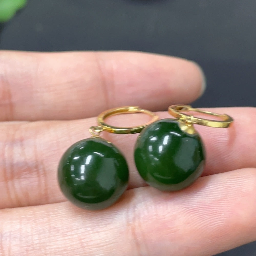 Huiliu certified Hetian jade inlaid earrings, 11.7mm, featuring smooth green jade stones and intricate metalwork design.