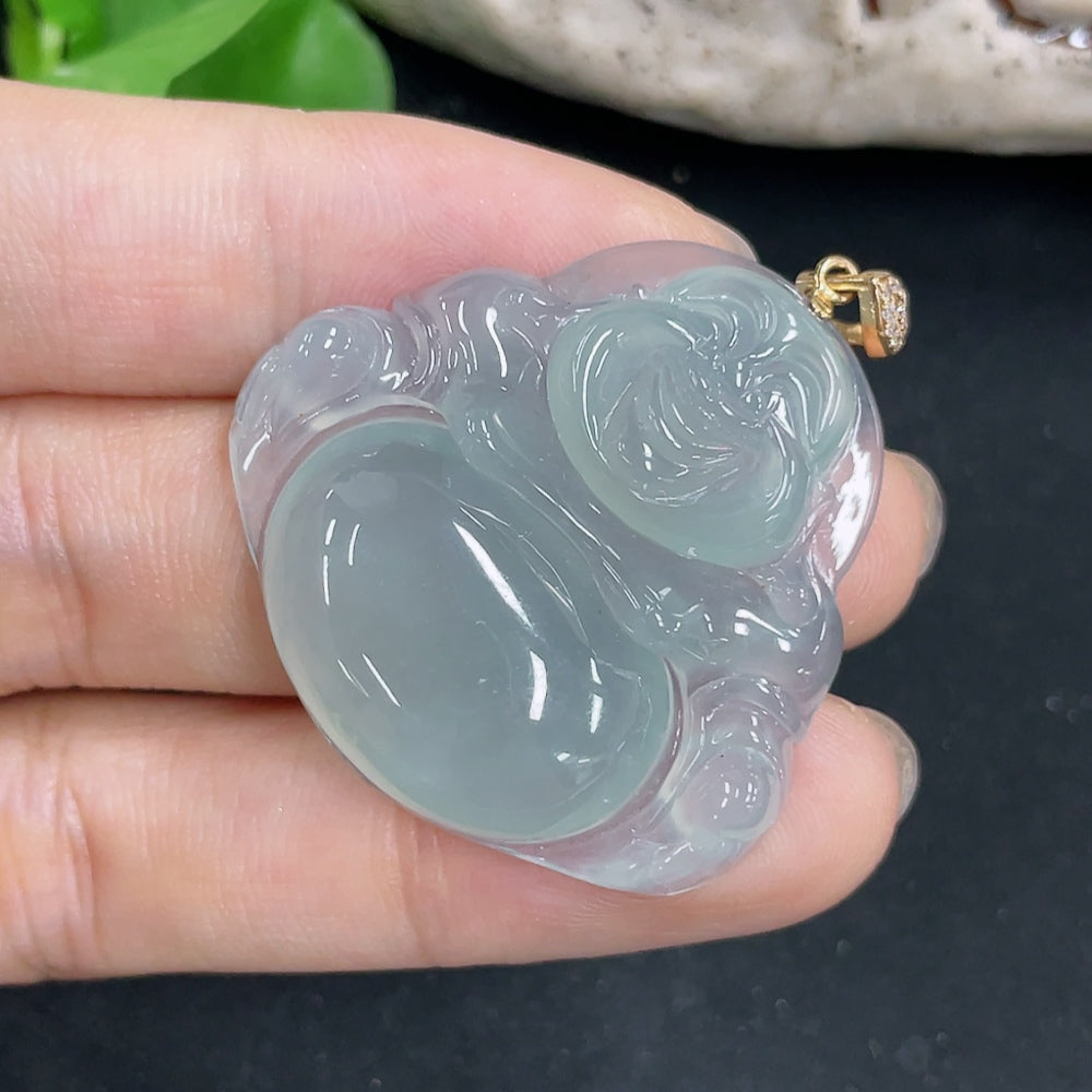 Jadeite Buddha pendant necklace with 18K gold and diamond accents, featuring a detailed Buddha figure on a chain.