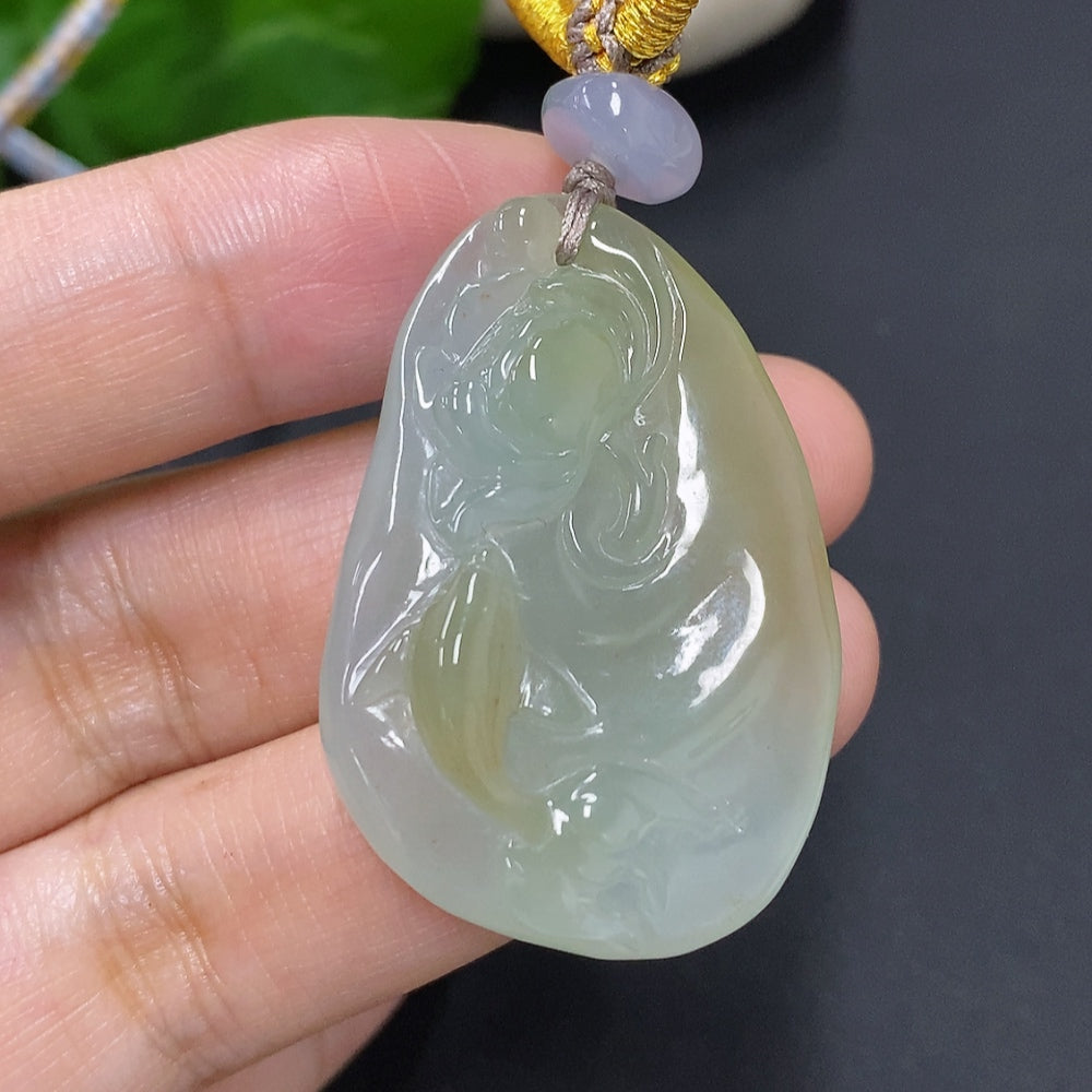 Jadeite Lotus and Fish Pendant Total Weight Approx. 18.67g