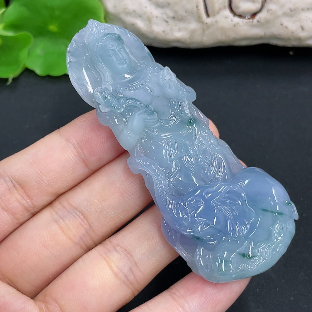 Jadeite pendant featuring Samantabhadra design, 52.6g, displayed on a necklace chain in this detailed close-up image.