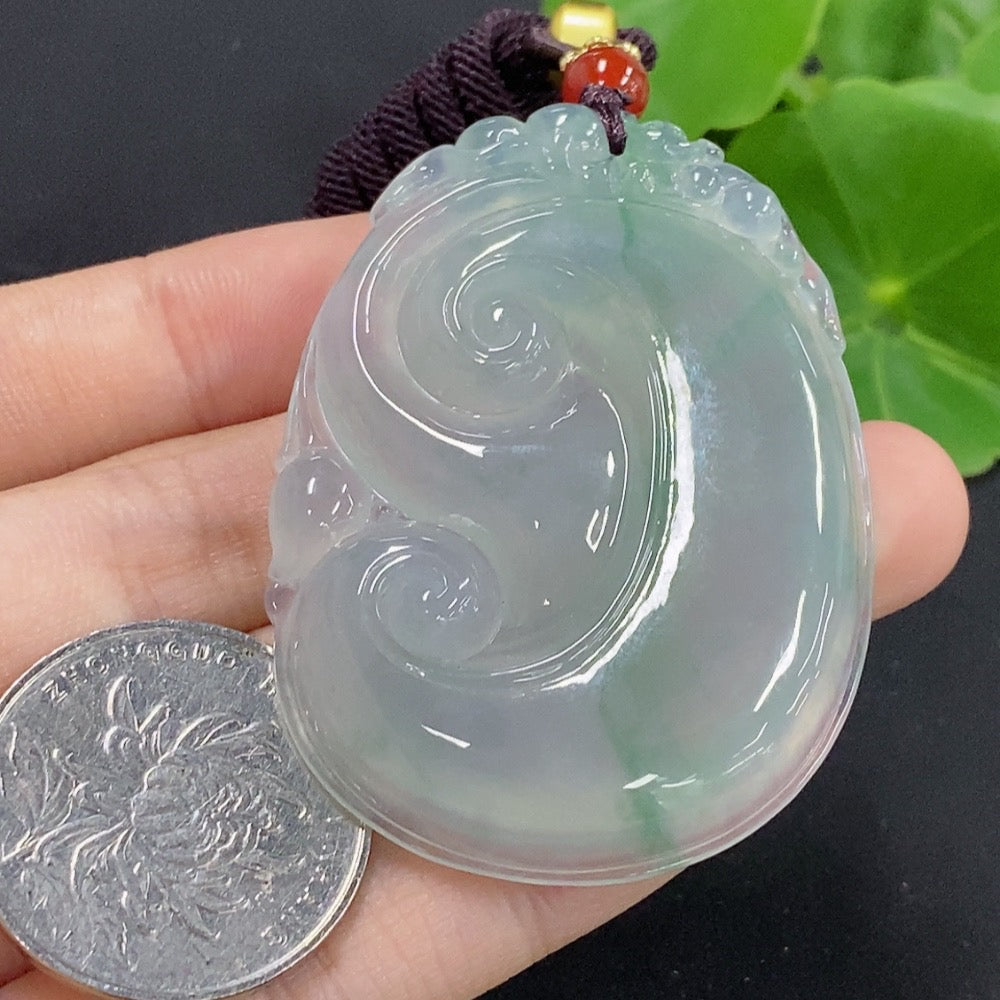 Elegant jadeite Ruyi pendant necklace from HKHQ, showcasing a smooth, polished jadeite piece with intricate detailing.