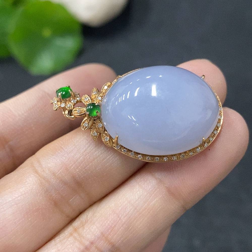 Jadeite bezel-set cabochon pendant with 18k gold and diamond accents, elegant jewelry piece by HUILIU HQ