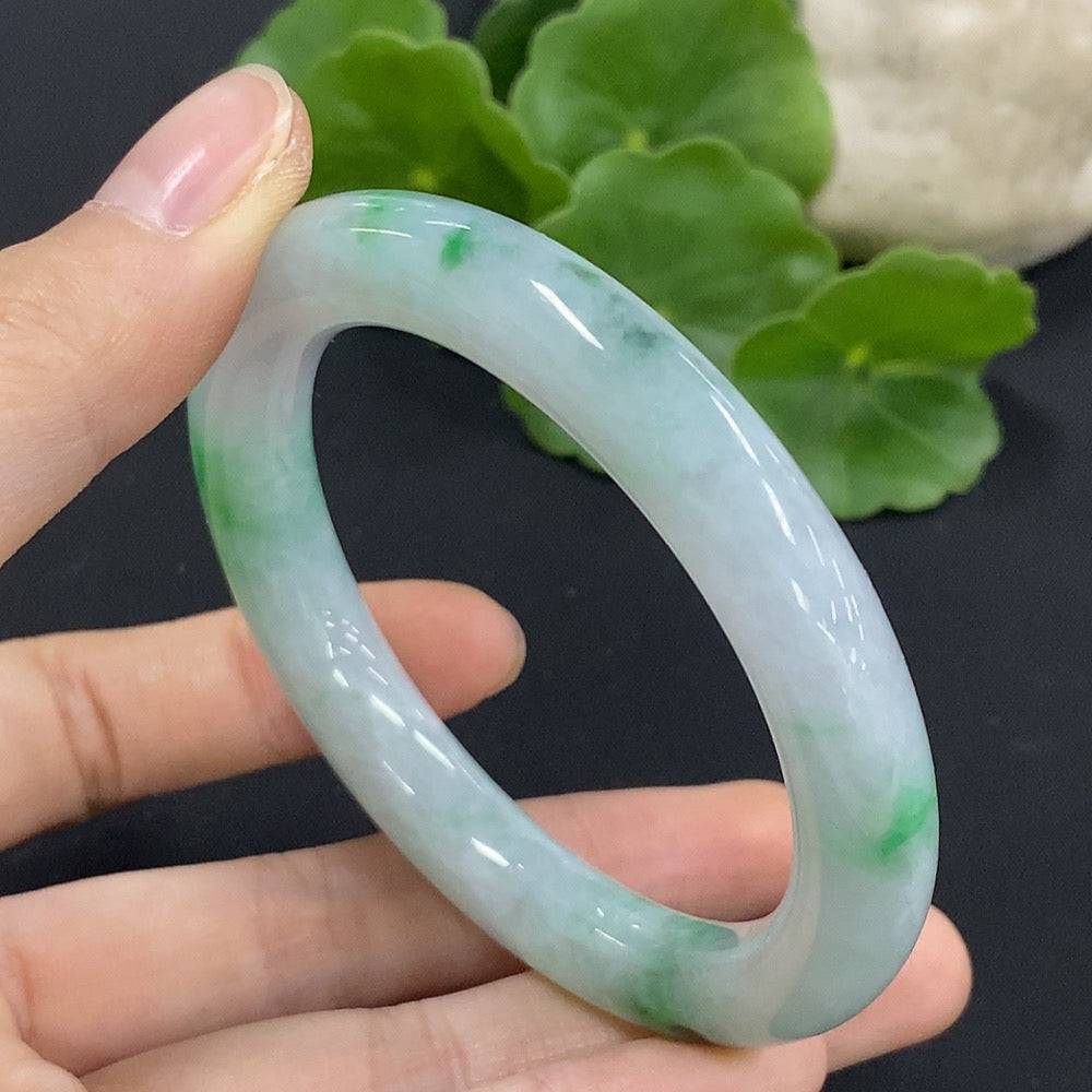 Jadeite round bangle with mineral components, size 53.1, weight 46.2g, crafted by HUILIU HQ, showcasing smooth jade surface and natural inclusions.