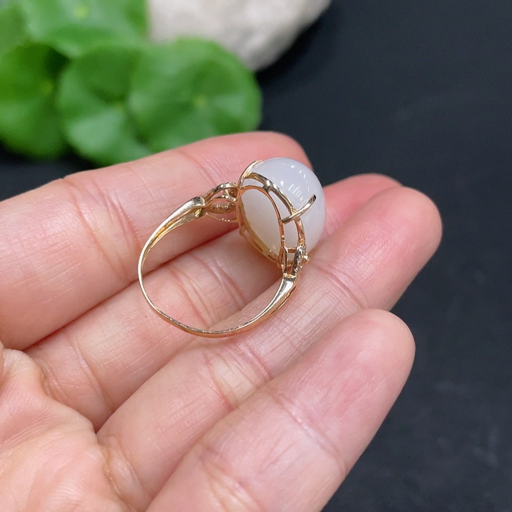 Hetian Jade Inlaid Ring with Diamond Accents, Size 14, 74% Gold Content, Total Weight Approx. 3.3g