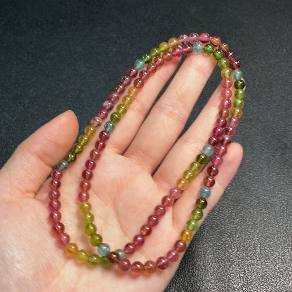 Tourmaline bead necklace with organic matter and mineral components, 5.3mm beads, weighing 25.26g, gemstone jewelry by HUILIU HQ.