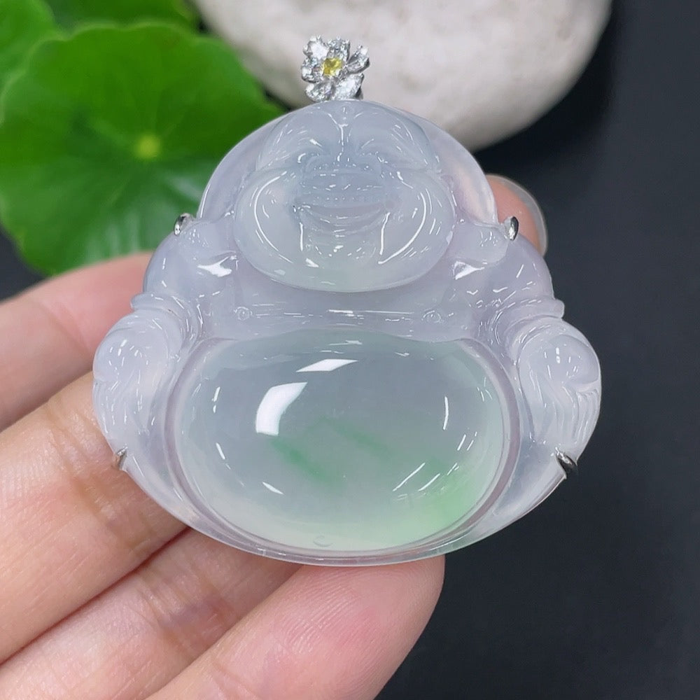Jadeite Inlaid Buddha Pendant with 18k Clasp and Non-Gold Accents, Set with Colorless Diamonds, Total Weight Approximately 20g