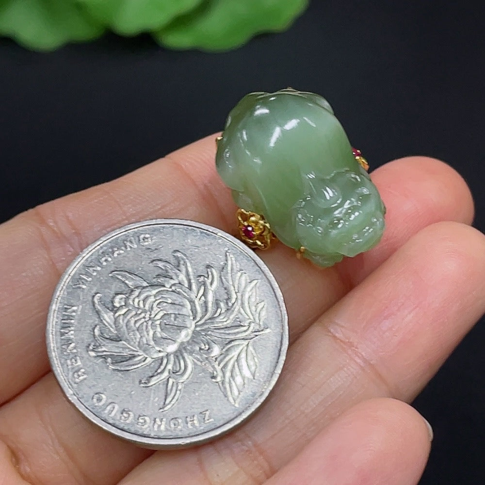 Hetian jade inlaid ring with 18k gold band, size 15, featuring intricate jade and gold detailing, weighs approximately 6.2 grams.