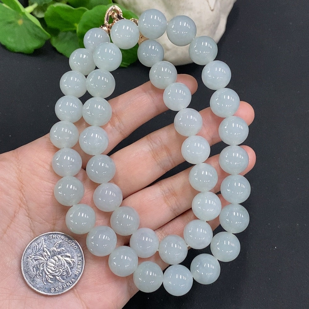 HUILIU HQ jadeite beaded necklace with 11.9mm jade beads, non-gold, total weight 131.5g, natural green jade jewelry.