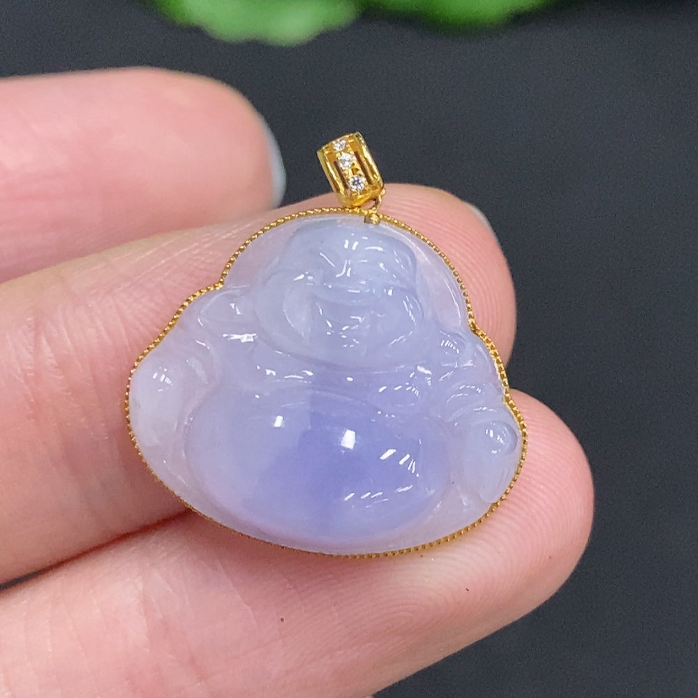 Jadeite Buddha pendant set in 18K gold, featuring a carved jade Buddha charm with a total weight of 3g, by HUILIU HQ.