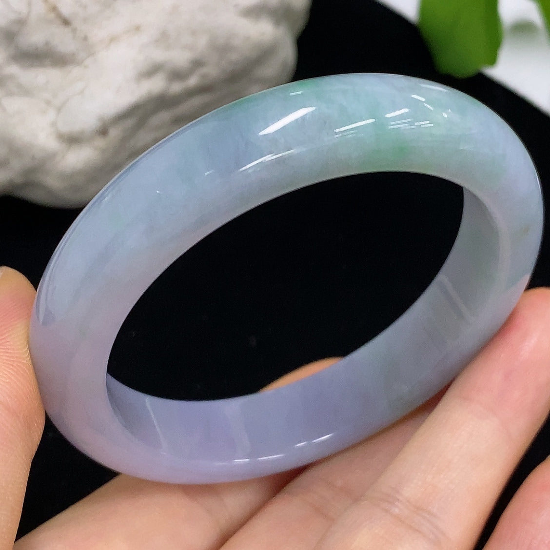 HKHQ Jadeite round bangle, size 54.5, 57g, showcasing smooth, polished jadeite bracelet with a round design.