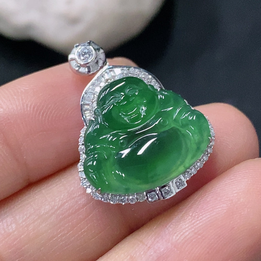 Huiliu Jadeite Buddha pendant set with diamond accents, featuring a detailed jade Buddha figure in a certified jade jewelry design.