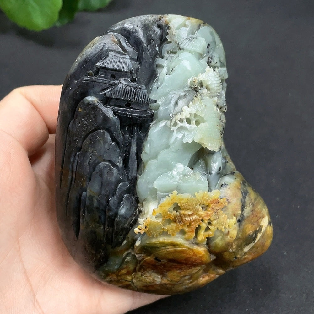 Hetian Jade Seed Material Handheld Piece - Landscape, Undetermined Skin Color Origin, Total Weight Approx. 432.2g