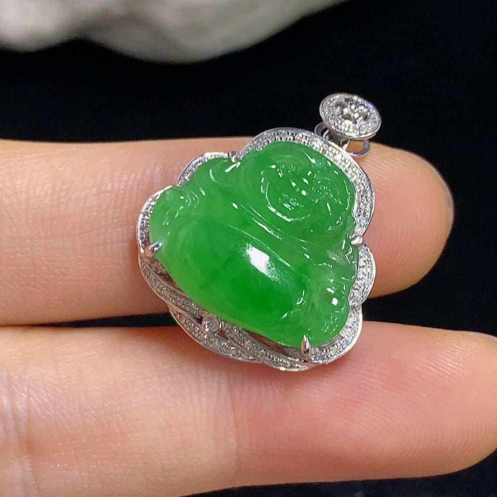 Jadeite Buddha Pendant with 18k Gold and Diamond Accents