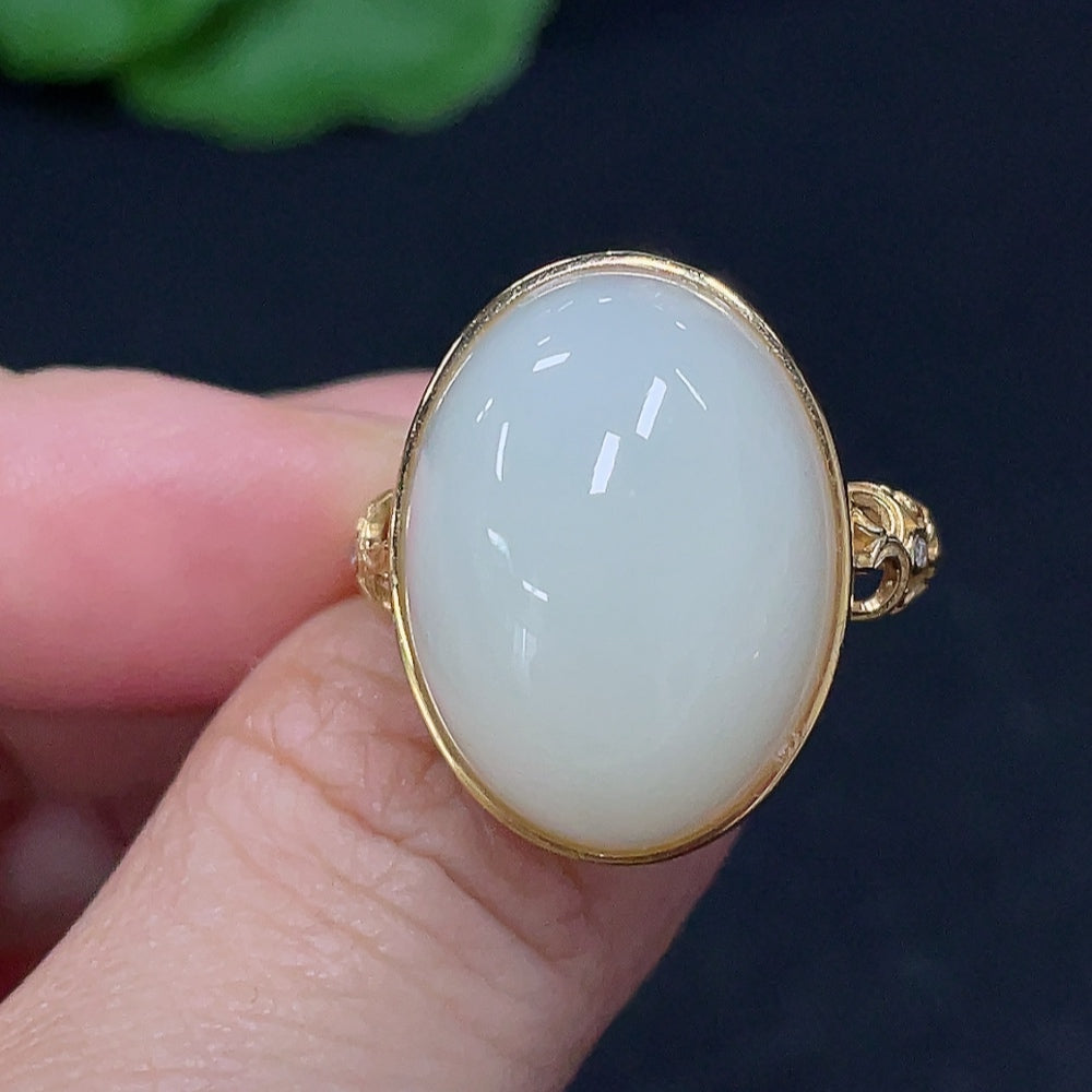HKHQ Hetian Jade cabochon ring featuring inlaid jade stone and intricate metalwork, elegant jewelry for special occasions.