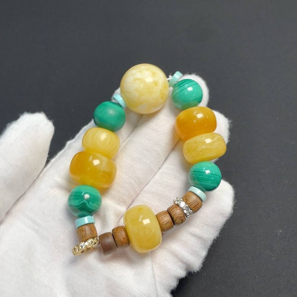 Huiliu Amber Beeswax bracelet with non-setting 20.8mm amber beads, natural matching stones, handcrafted jewelry, certified by HUILIU HQ
