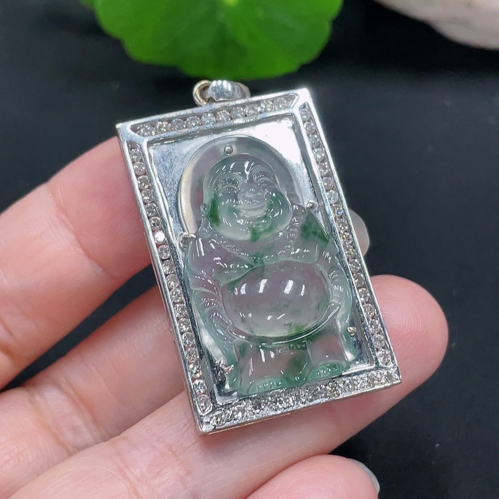 Jadeite Inlaid Pendant 18K Gold Total Weight Approx.12g (With Diamond Accents)