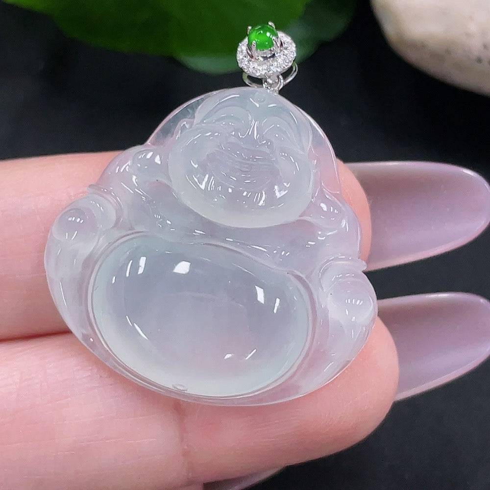 Huiliu Jadeite Buddha pendant with diamond accents, crafted from green jade, showcasing intricate Buddha carving and polished finish.