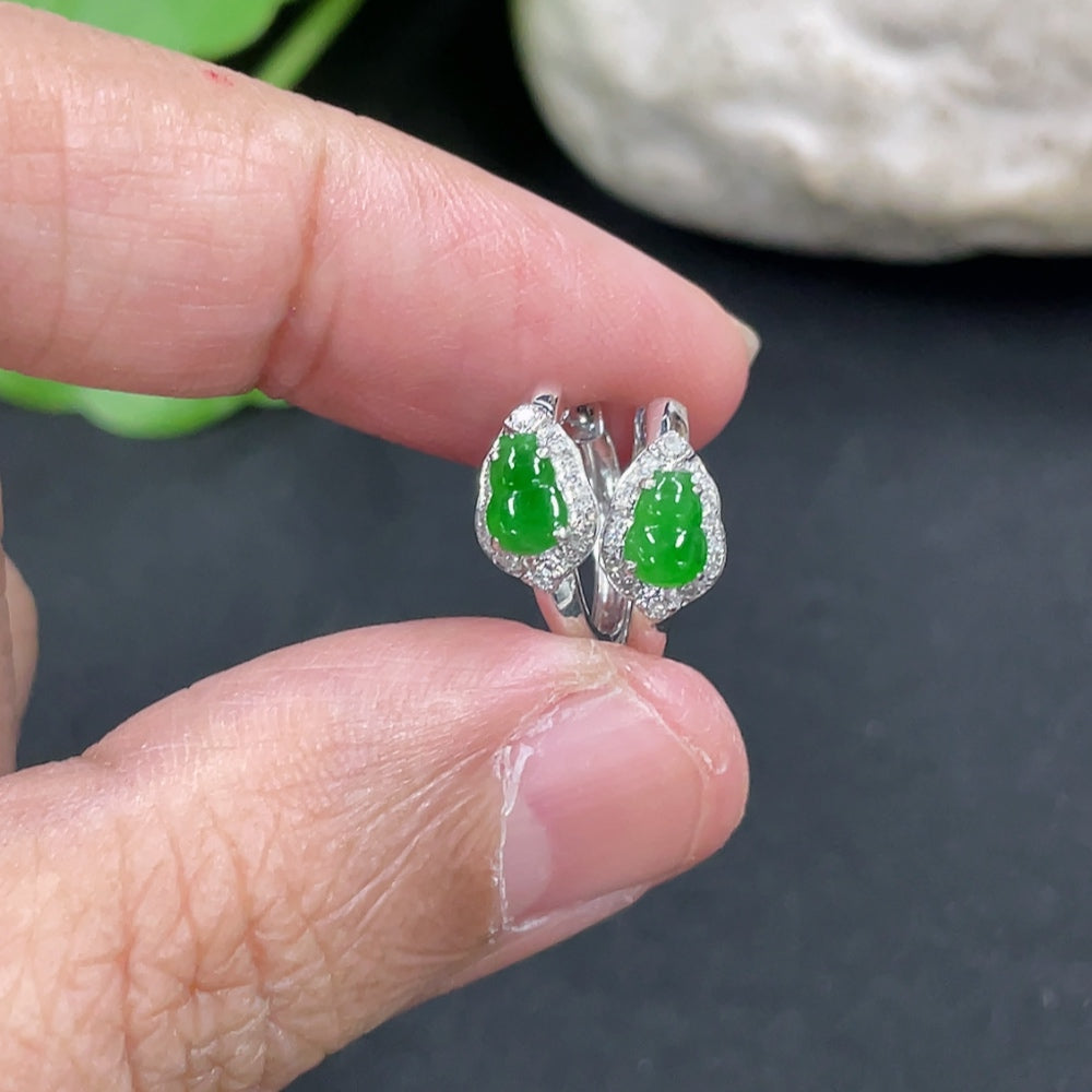 HKHQ jadeite gourd inlaid ear studs with 18k gold and diamond accents, pair of elegant earrings showcasing intricate craftsmanship.