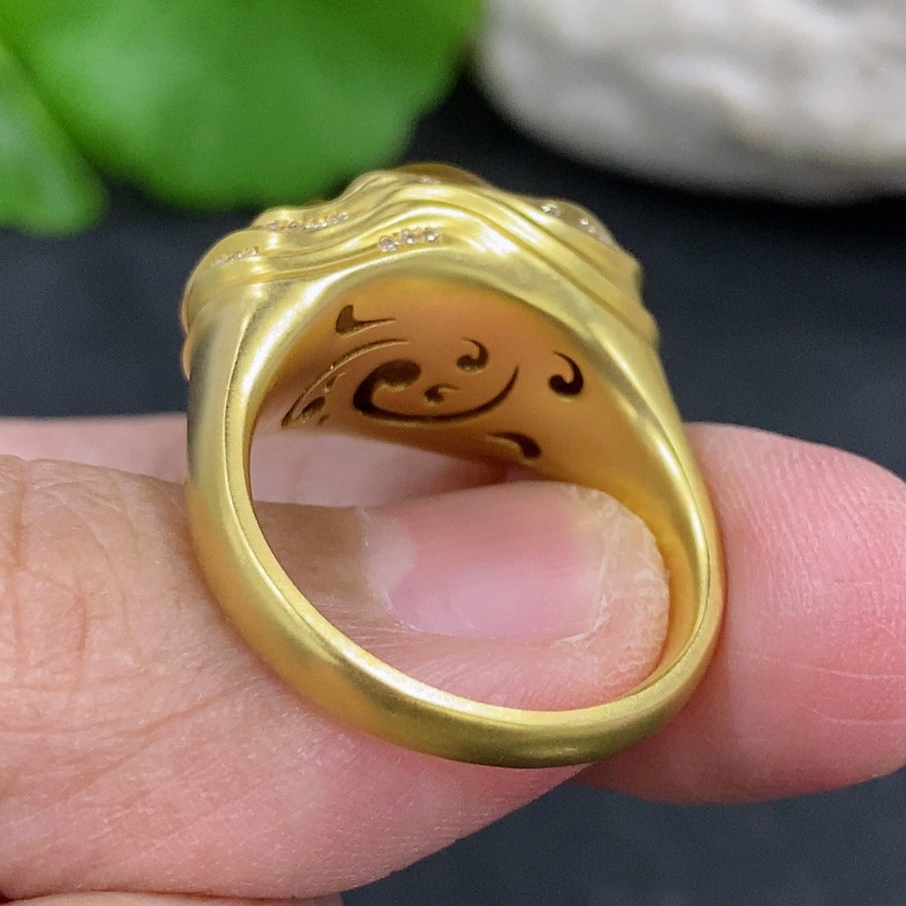 Jadeite inlaid ring with 18k gold and diamond accents, size 16, showcasing a smooth jade surface and intricate gold detailing.