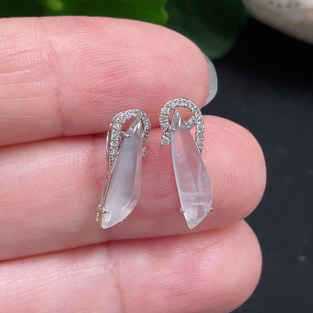 Jadeite Earrings Set in 18K Gold with Diamond Accents, Total Weight Approximately 1.3g