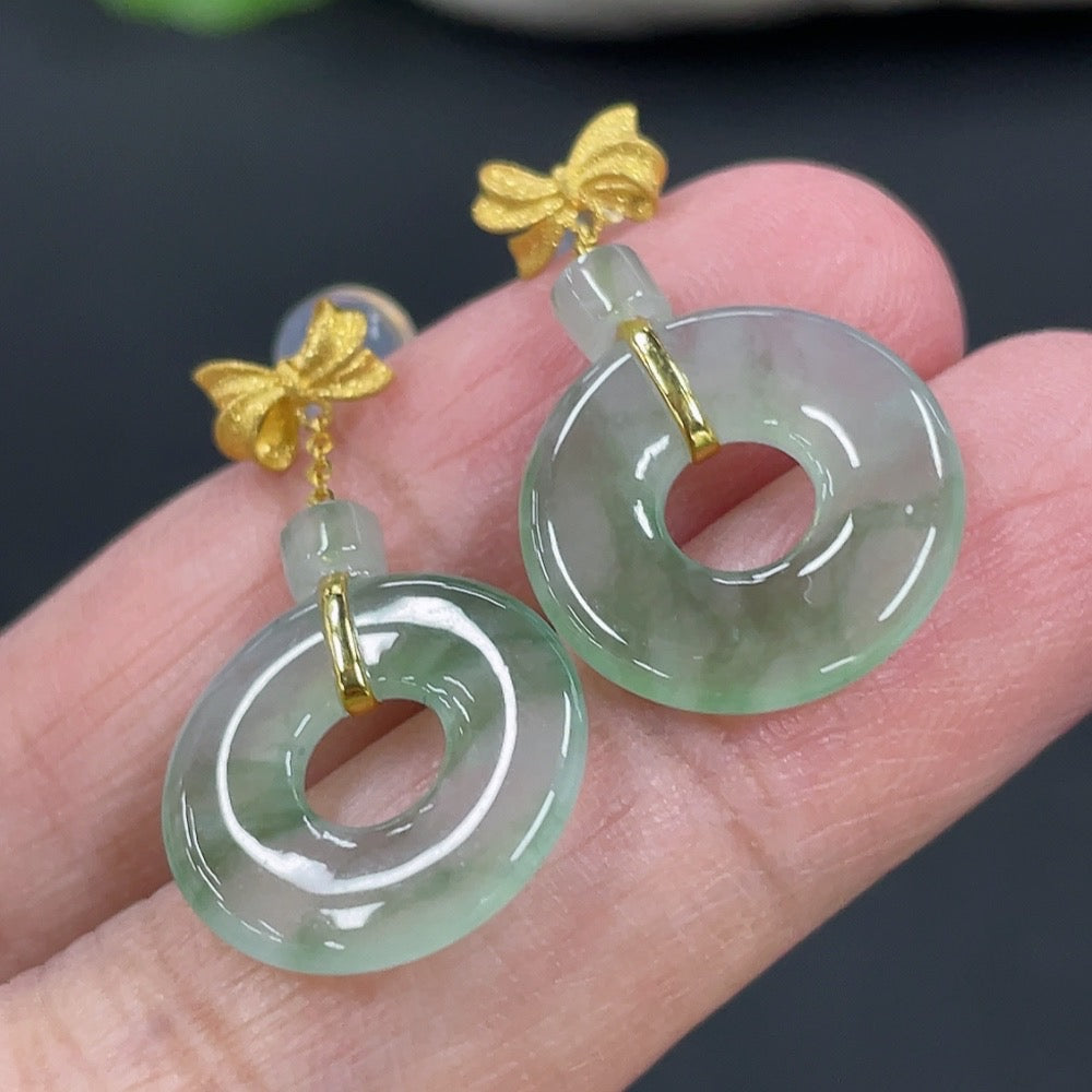 Jadeite donut inlaid earrings pair 18k gold inlaid total weight approx. 2.76g (excluding ear stoppers)