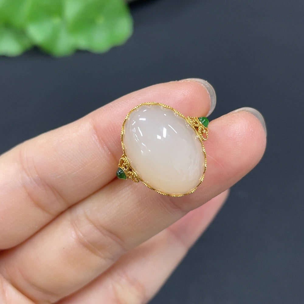Hetian Jade Cabochon Inlaid Ring, 18k Gold, Size 15, Total Weight Approx. 3.3g