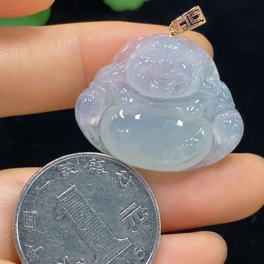 Jadeite pendant featuring a Buddha design with 18K clasp, weighing approximately 6.9g, crafted by HUILIU HQ.