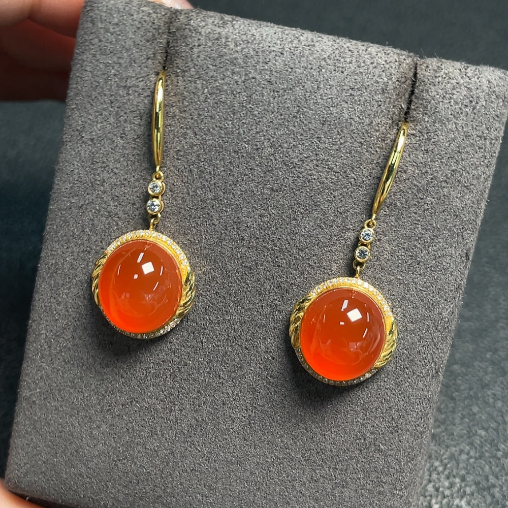 South Red Agate earrings with diamond accents by HUILIU HQ, showcasing vibrant red gemstones and sparkling diamond details.